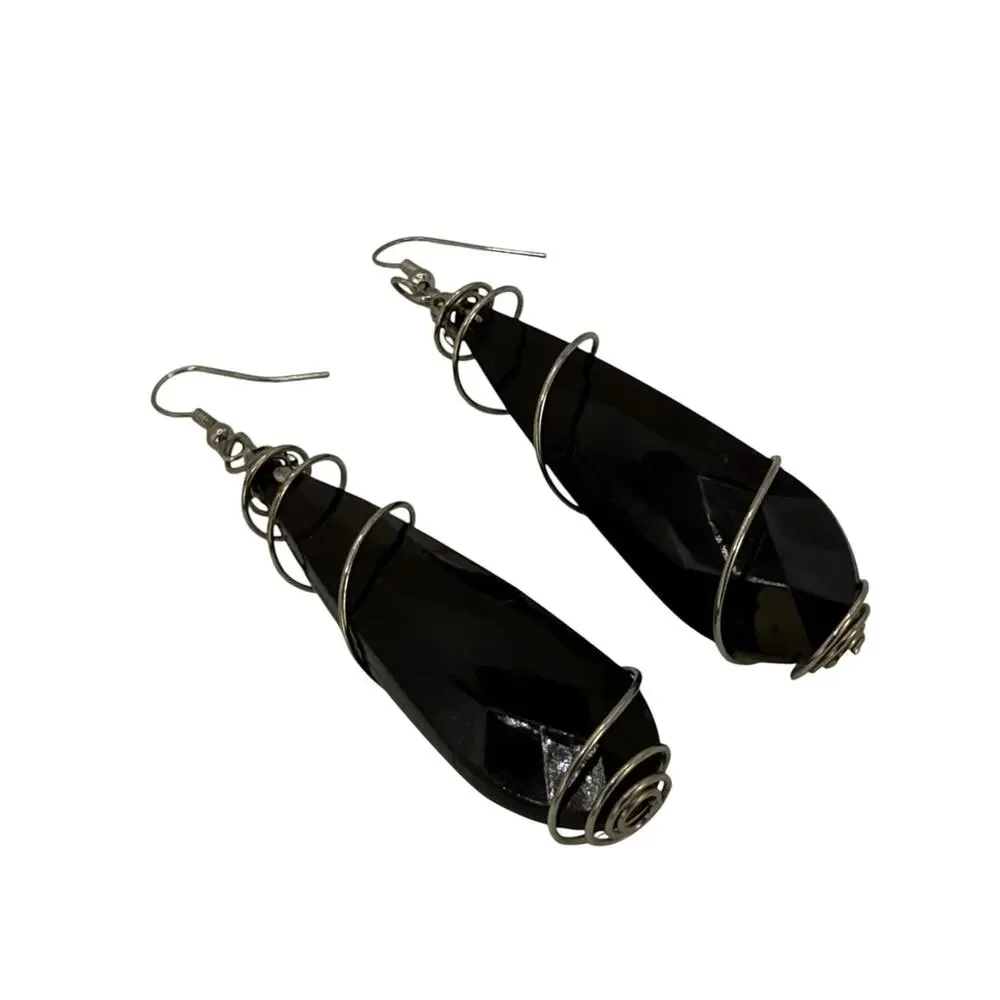 Black Teardrop Spiral Wire Earrings